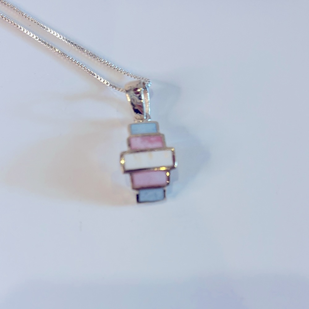 Blue pink and white stone Silver Pendant Necklace